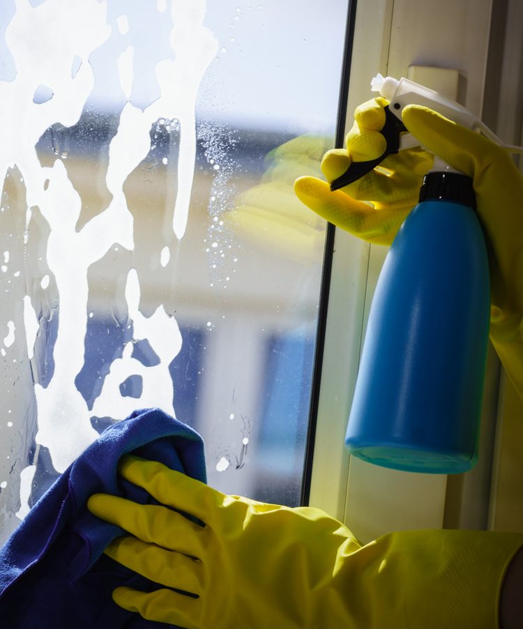 technician using a spray bottle and towel to clean a building window