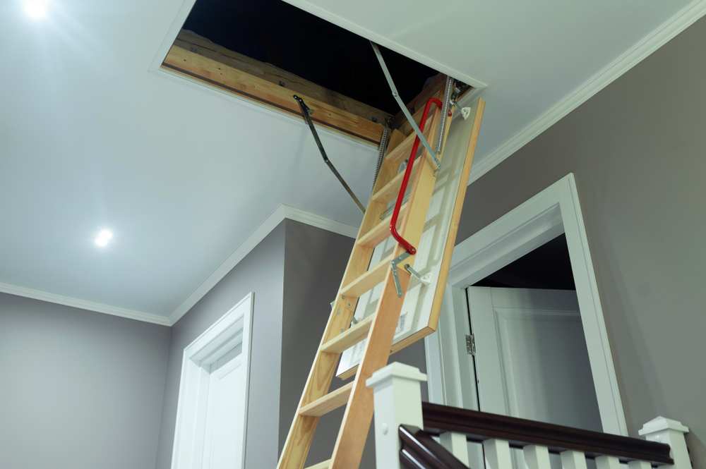 wooden ladder leading into the ceiling