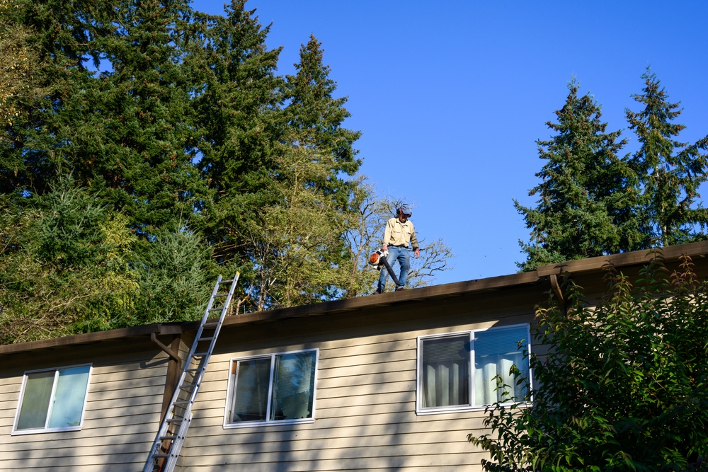 maintenance person at HOA in vancouver, WA using a leafblower to remove leaves off an apartment building roof