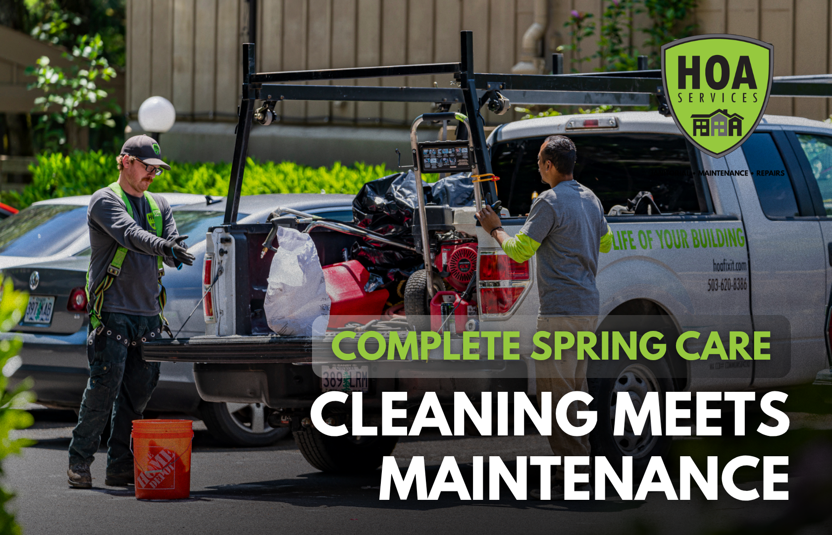 Spring Maintenance & Cleaning HOA Services maintenance team performing spring cleaning and property maintenance at a multi-family residential building in Greater Portland & Willamette Valley, preparing the property for seasonal upkeep and preventative repairs
